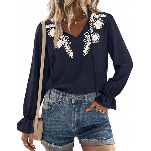 Womens Boho V Neck Ruffle Long Sleeve Floral Embroidered Blouse XS-XXL - Picture 4 of 8